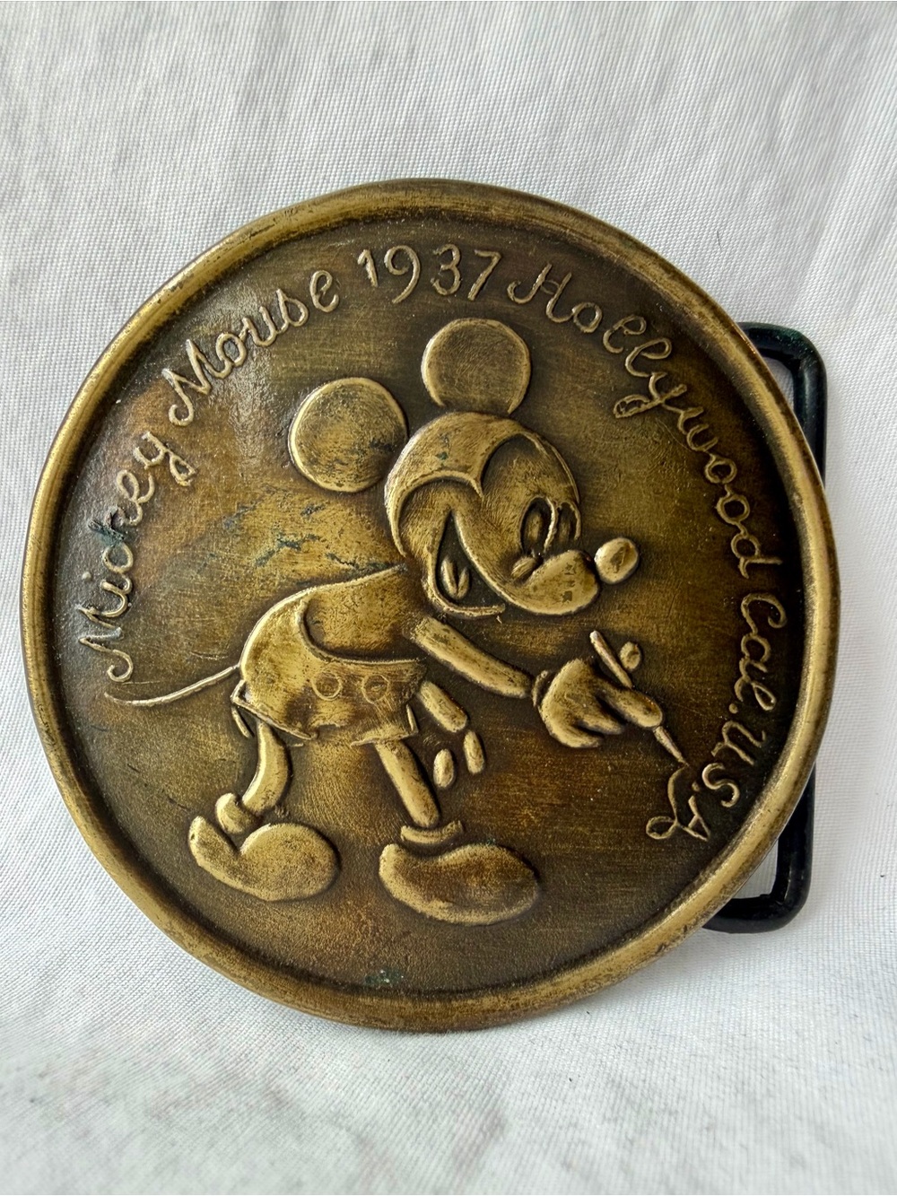 Vintage Mickey Mouse 1937 Hollywood California Disney Belt Buckle Sun Rubber Co